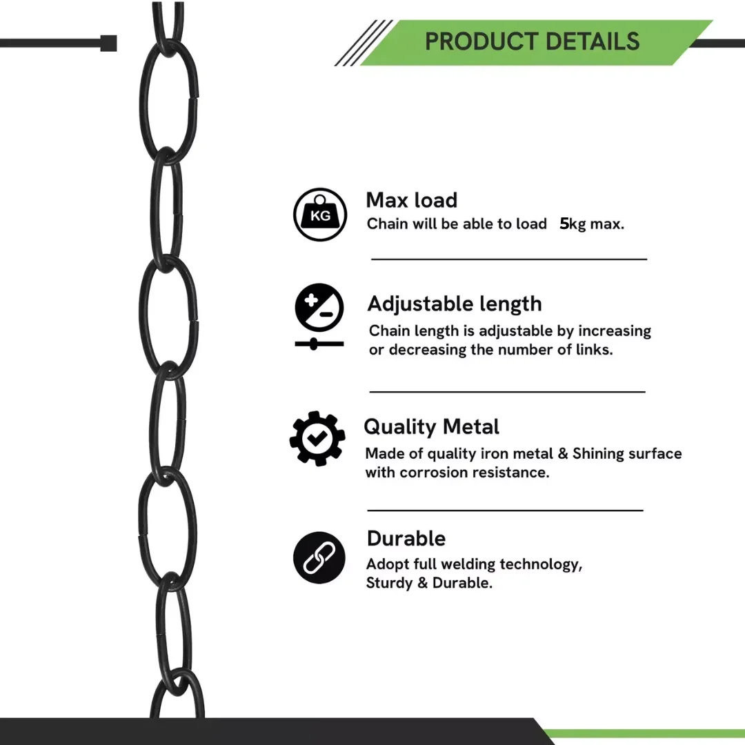 Close-up of adjustable open link metal chain with 32mm x 17mm links in vintage metal finish supporting pendant lights