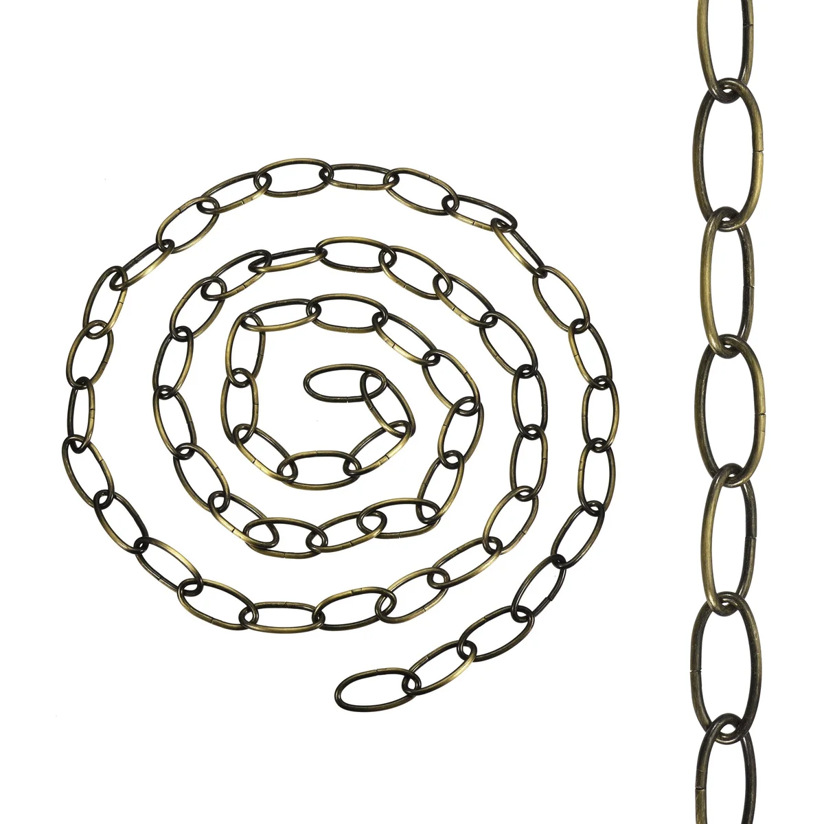 Close-up of vintage metal hanging chain with 32mm x 17mm open links, suitable for ceiling lights up to 5kg load