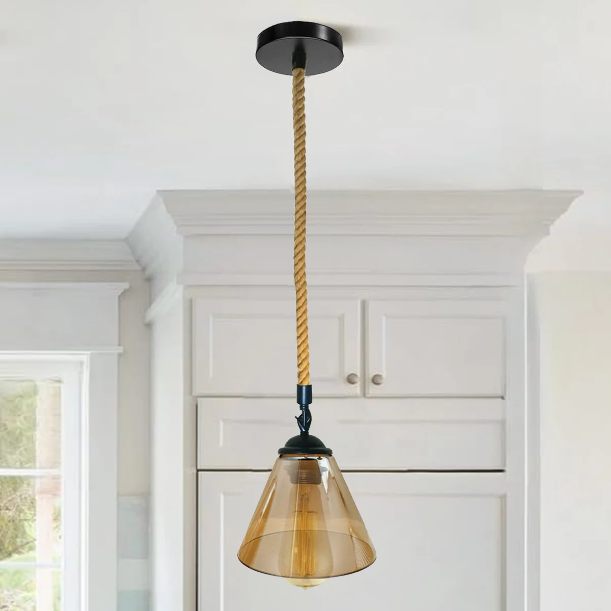 Vintage industrial pendant light with glass globe, iron fittings, and 100cm hemp rope hanging cord