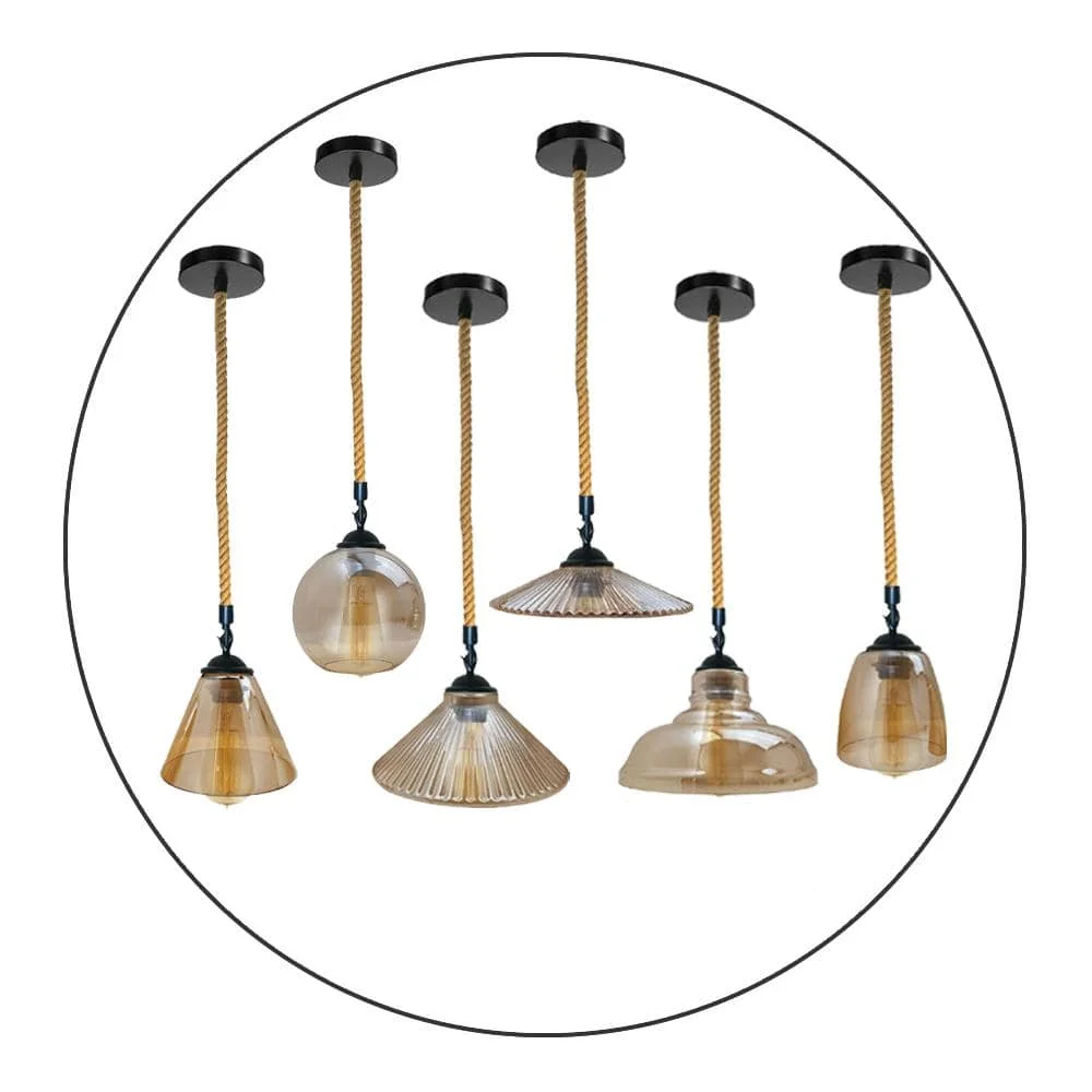 Vintage industrial glass lampshade with iron frame and hemp rope ceiling light hanging pendant design