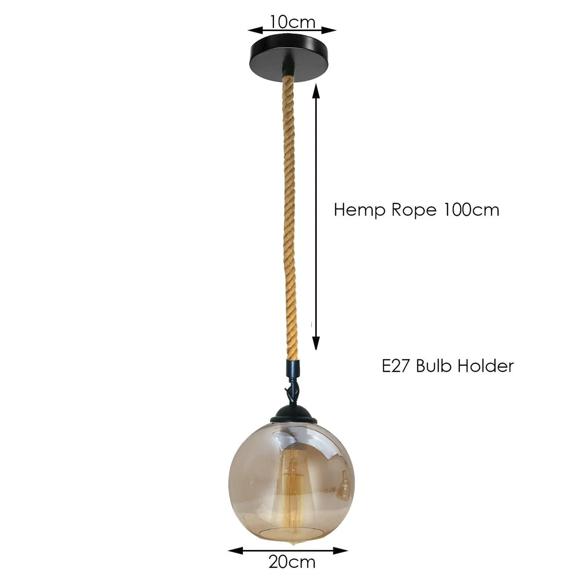 Vintage industrial glass lampshade with iron and hemp rope, E27 bulb pendant hanging lightshade against white background