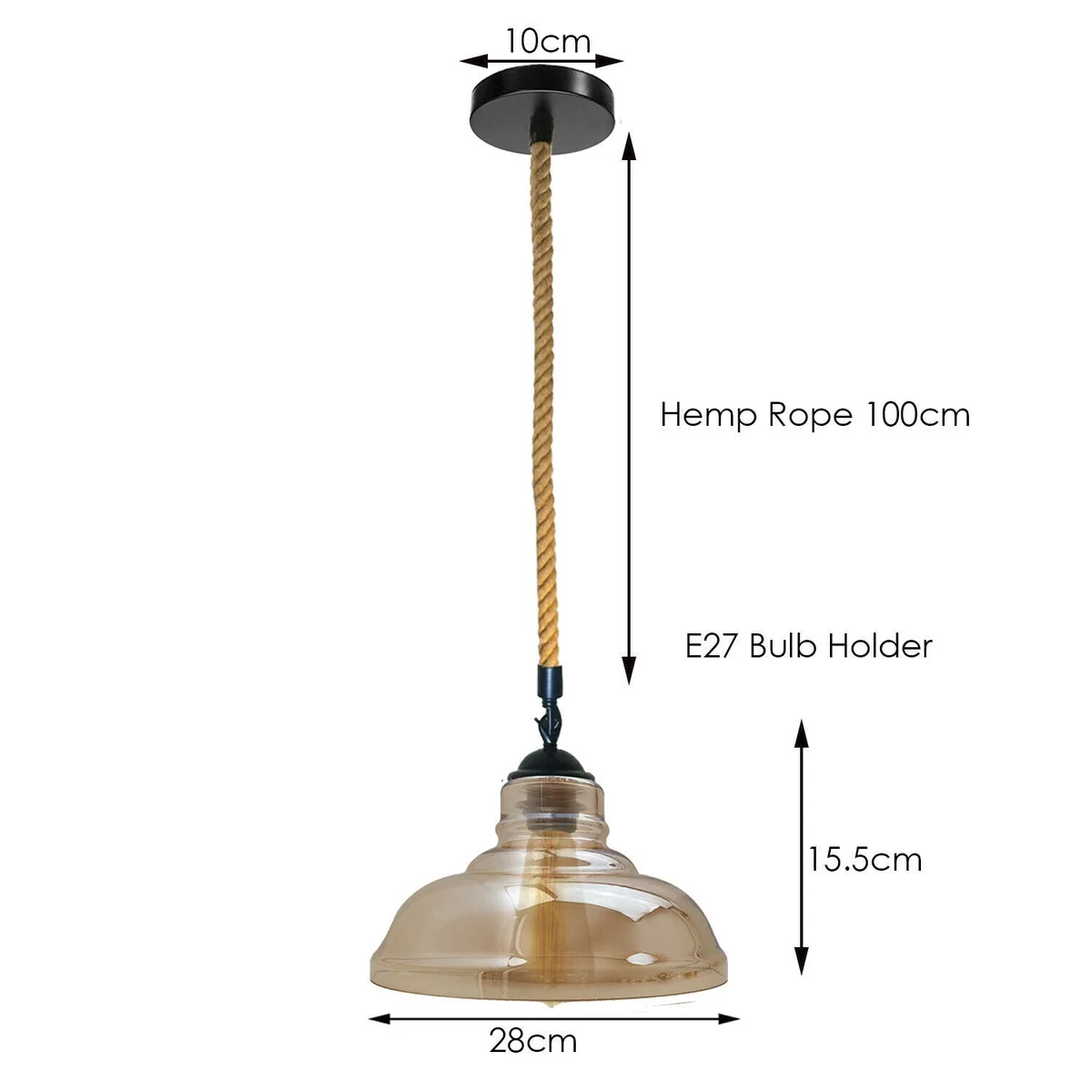 Vintage industrial pendant light with clear glass globe, iron fixtures, and hemp rope hanging cord against white background