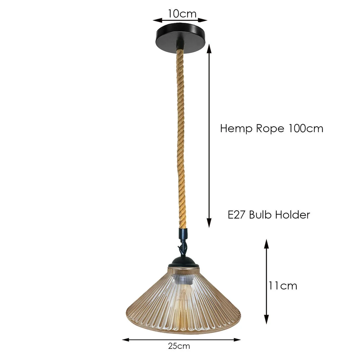 Vintage industrial pendant light with glass globe, iron finish, and 100cm hemp rope hanging cord against white background