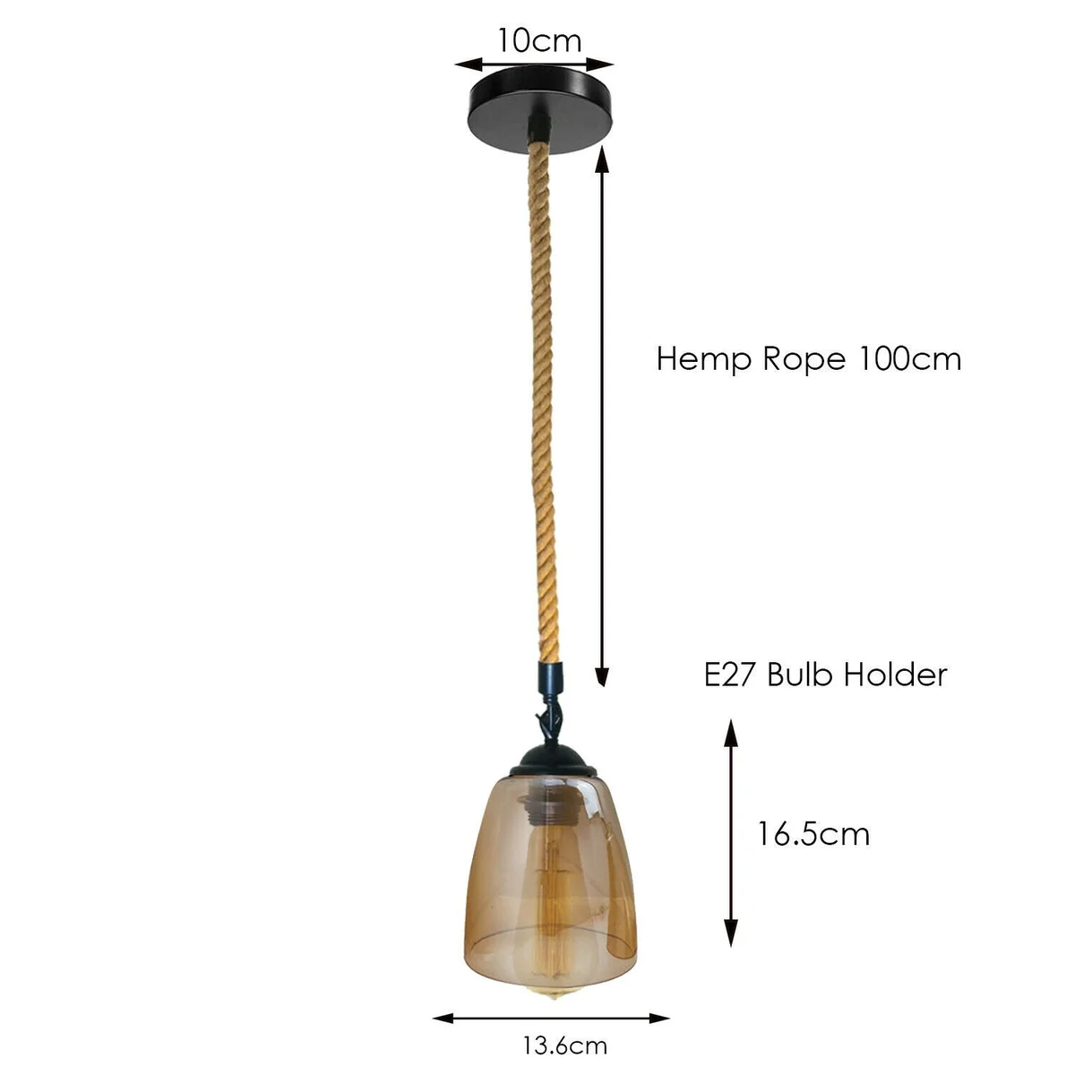 Vintage industrial pendant light with glass globe, iron frame, and 100cm hemp rope hanging cord against white background