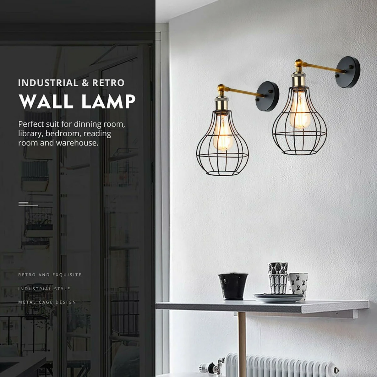 Metal vintage wall light fixture with cage shade and vintage bulb, suitable for UK interiors and E27 holder