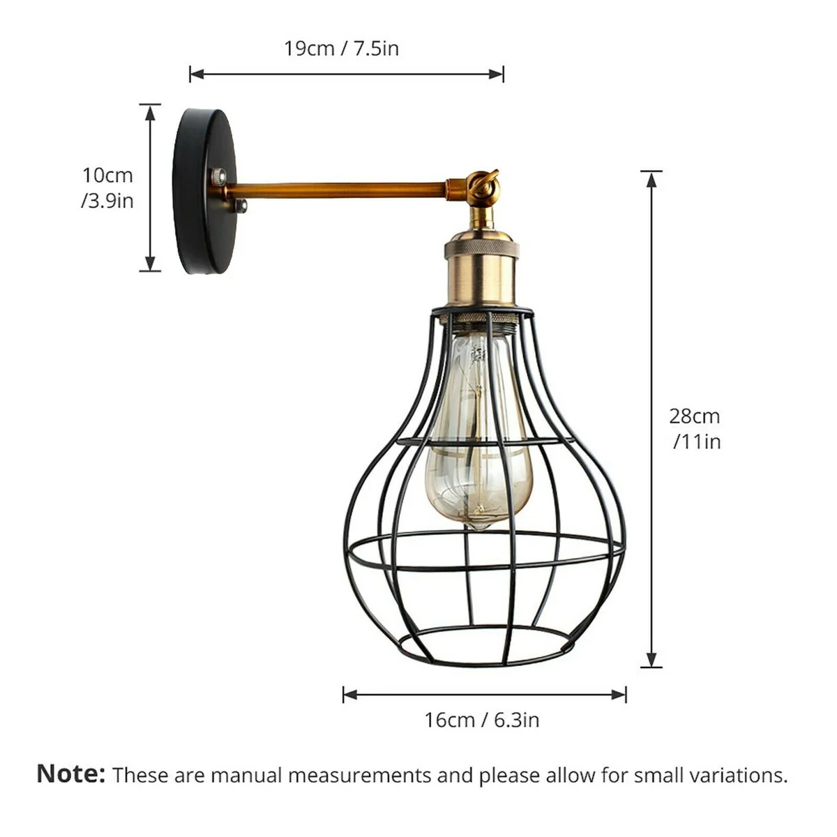 Modern metal wall sconce with vintage bulb included, featuring E27 holder and light cage in a stylish home setting