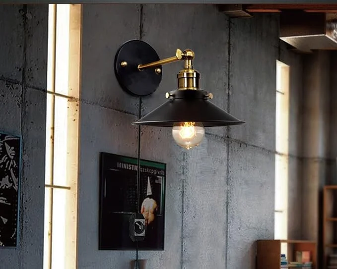 Industrial wall light shade in vintage metal design with plug-in wall sconce and E27 lamp holder included