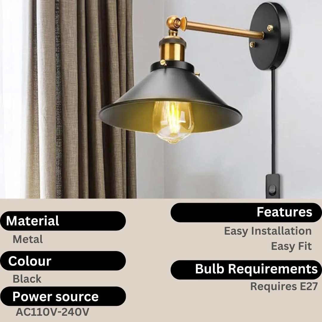 Industrial style metal wall sconce with plug-in design, E27 holder, and rustic vintage finish for home decor lighting