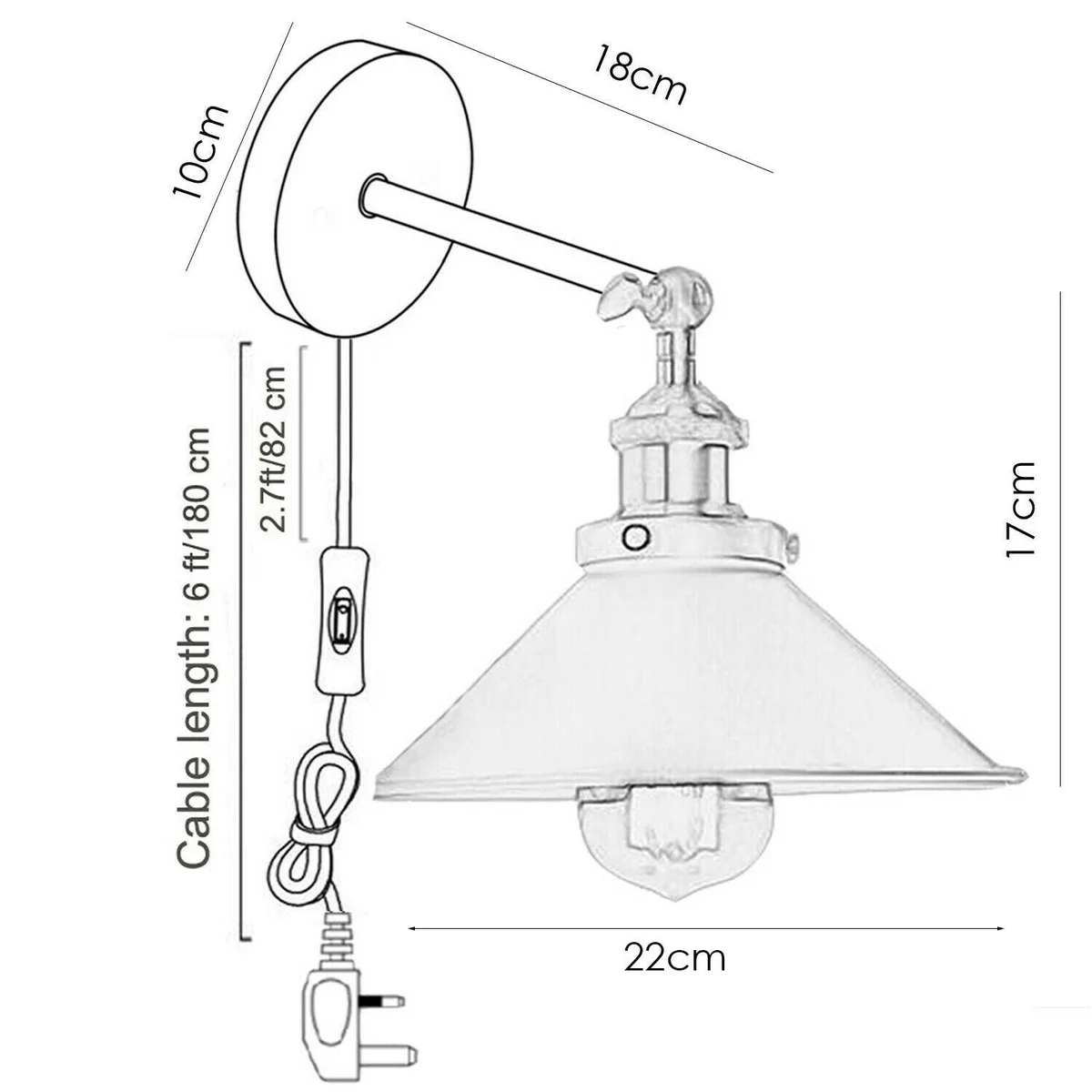 Industrial metal vintage plug in wall light with E27 holder, ceiling rose, and UK plug, shown mounted on white wall