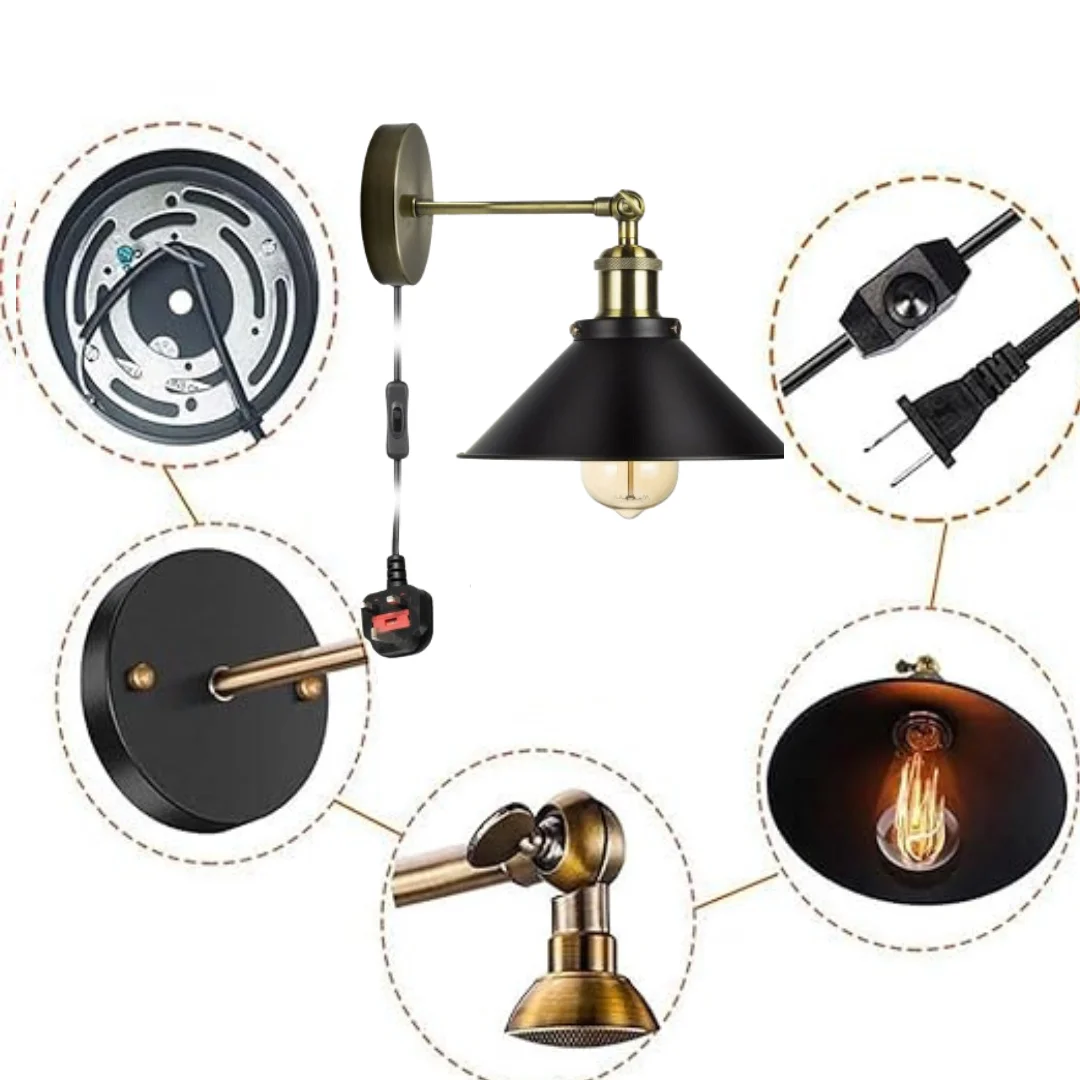 Industrial metal wall sconce with E27 lamp holder shade, plug-in design, rustic vintage style for home decor lighting