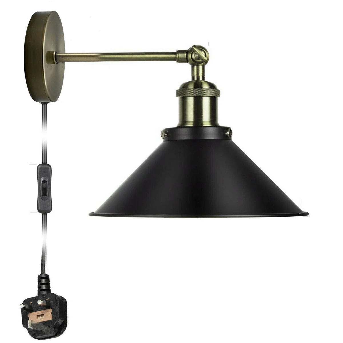 Industrial wall light shade in metal with E27 socket, plug-in design, mounted on white wall with visible switch and cord
