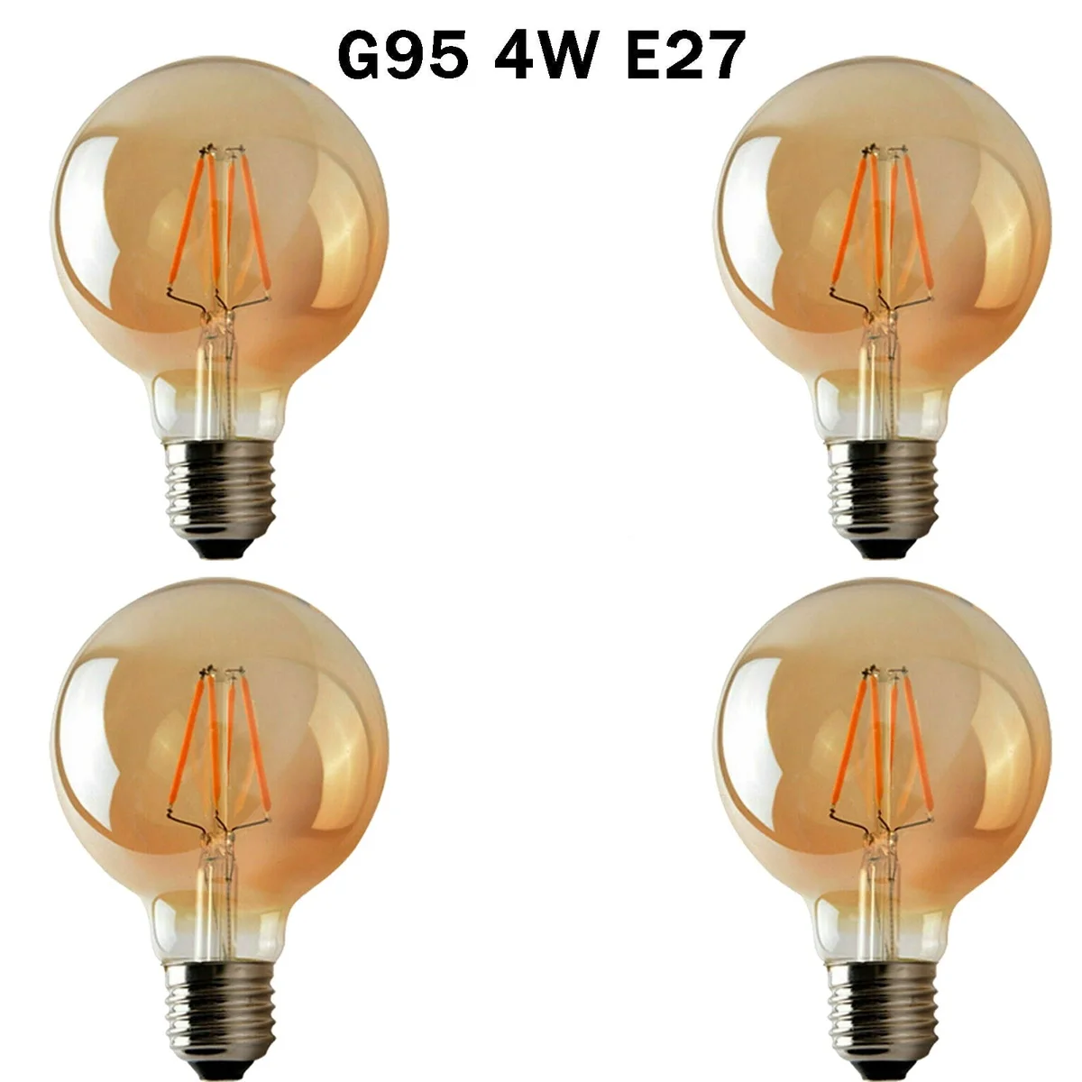 Amber glass G95 globe E27 LED filament bulb glowing warm white 2700K with visible vintage-style filament