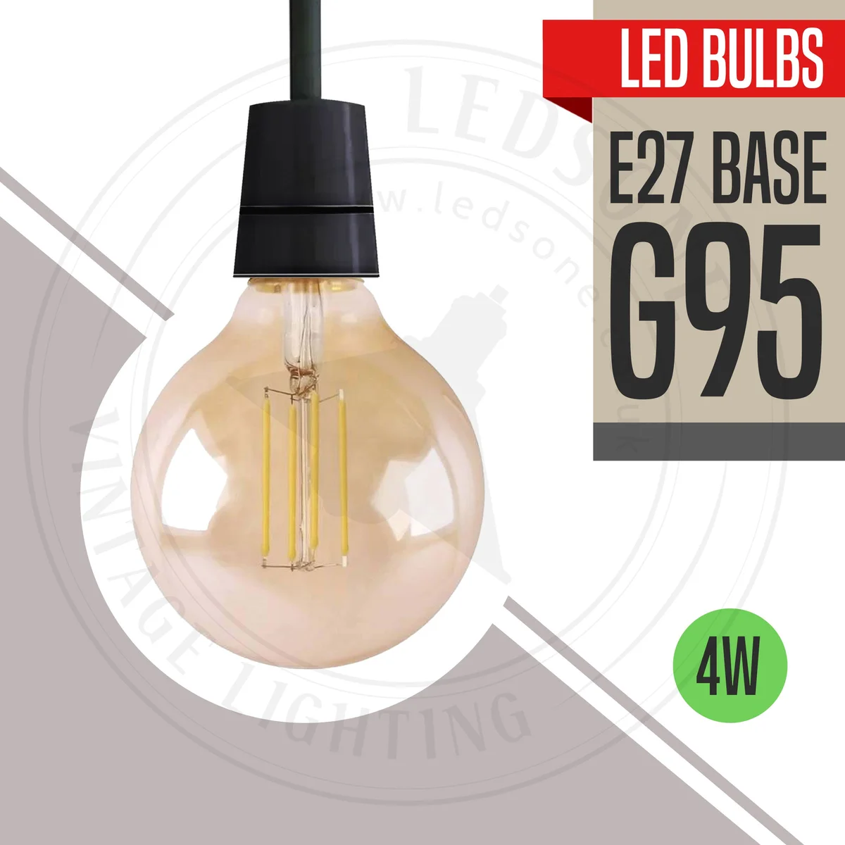 Amber globe-shaped G95 warm white LED bulb with visible filament and E27 screw base on white background