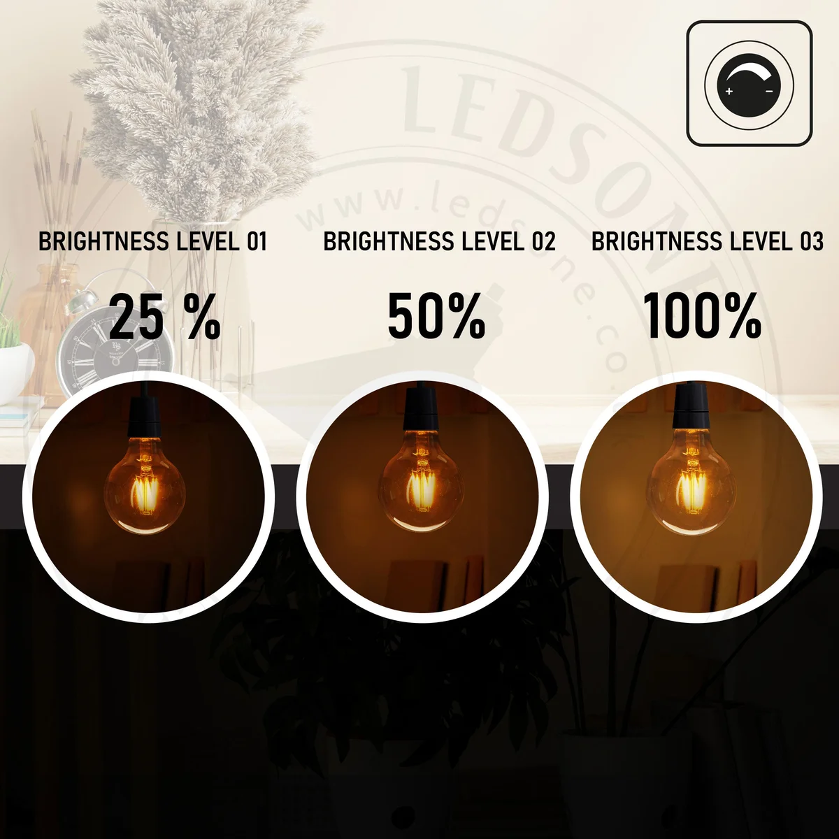 Four amber globe-shaped E27 LED filament bulbs with visible filaments arranged on a white background