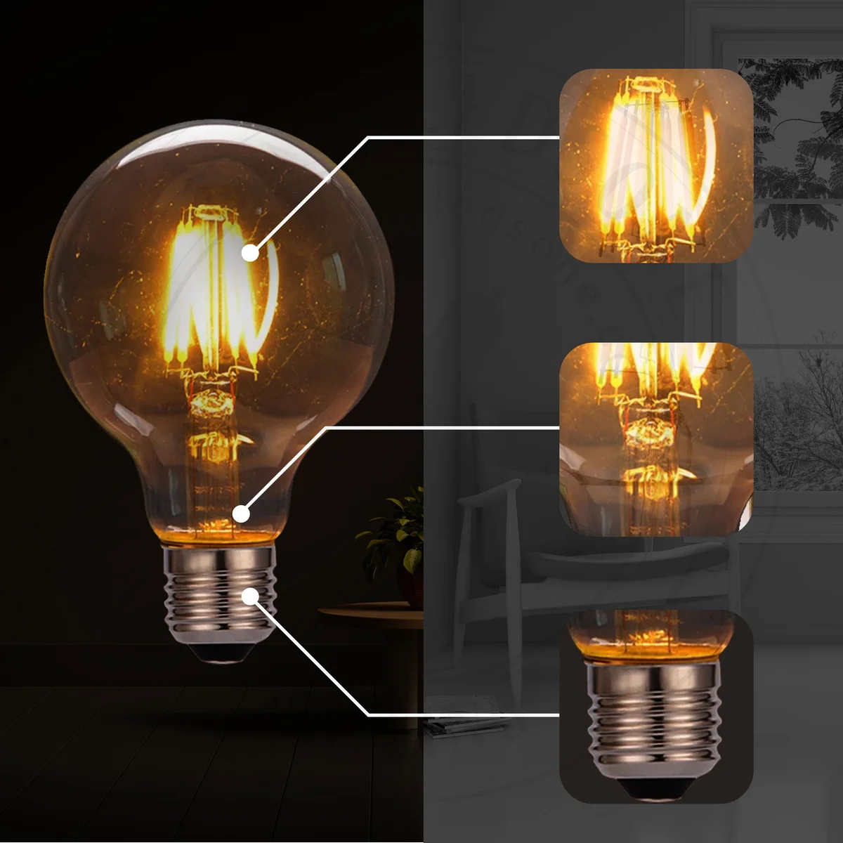 Four amber globe-shaped E27 LED filament bulbs with visible filaments and screw bases arranged on a white surface
