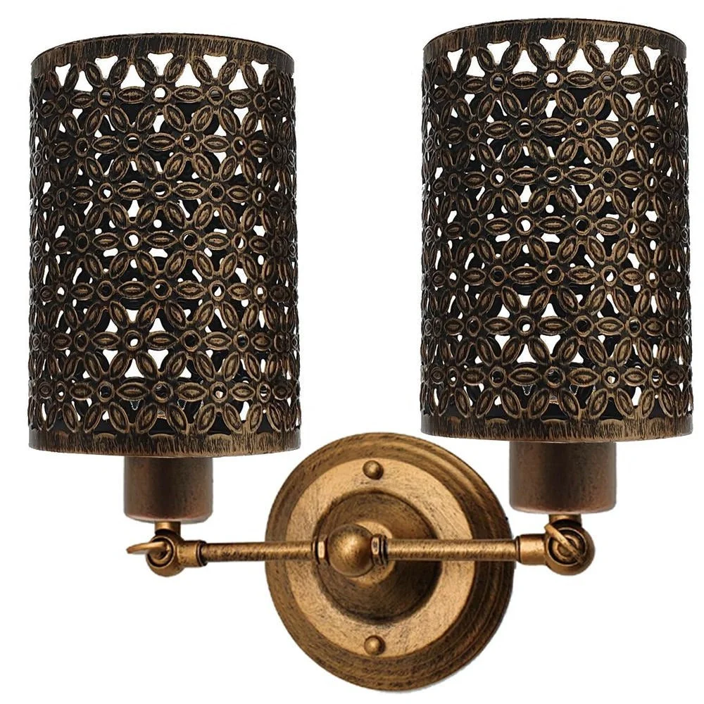 Contemporary metal wall light with double cages and flat metal shade, wall‑mounted.