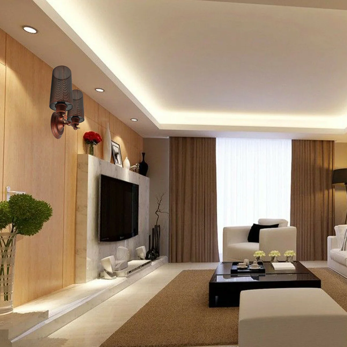 Double cage wall light hanging on a wall, metal structure, soft illumination, indoor wall lighting