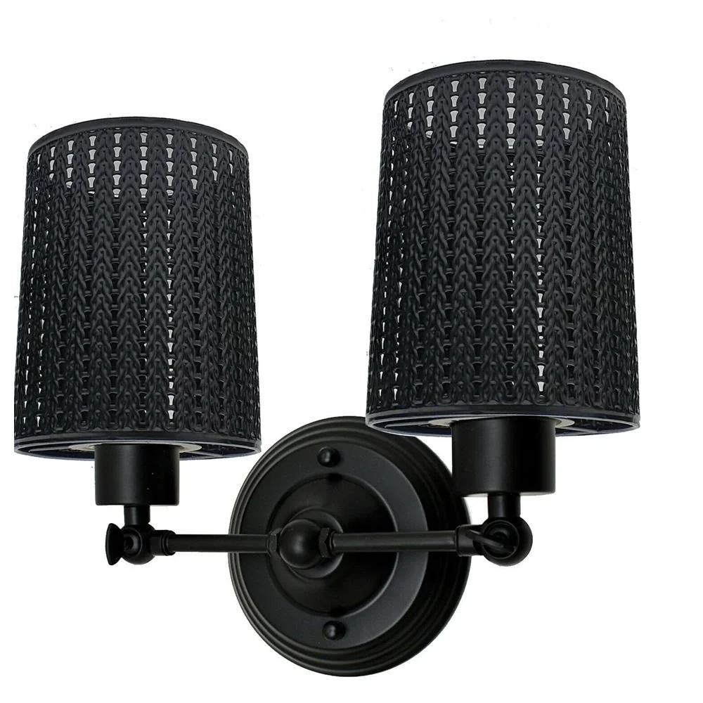 Pair of black industrial wall lamps with metal drum cage shades, designed for ceiling or wall mounting in indoor spaces