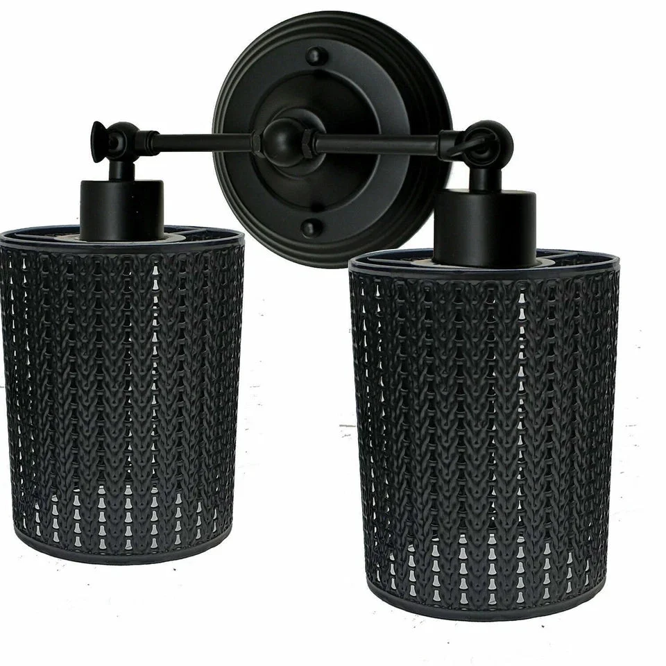Pair of black industrial metal drum cage easy fit ceiling shades with open hollow design for indoor lighting