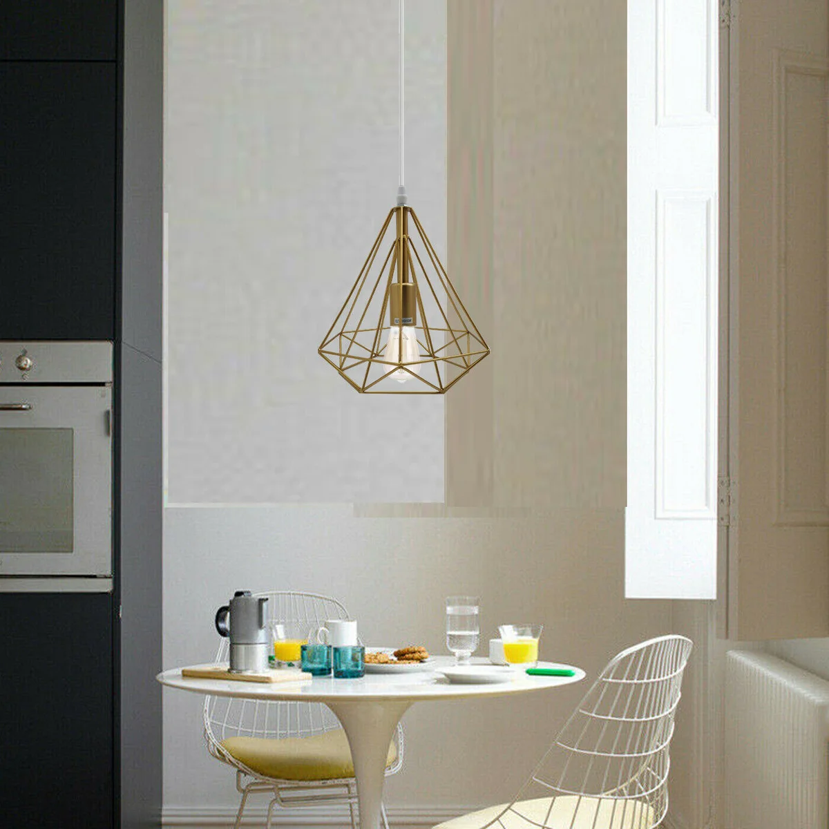 Gold geometric wire cage industrial ceiling light pendant with adjustable cable and Edison bulb holder