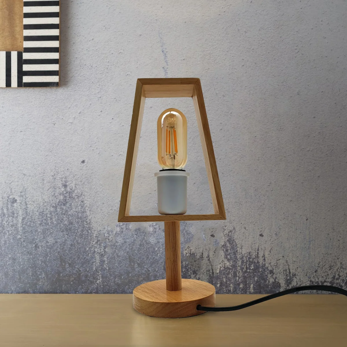 Industrial wooden table lamp with black shade and natural wood base, plug-in with E27 bulb included on wooden surface