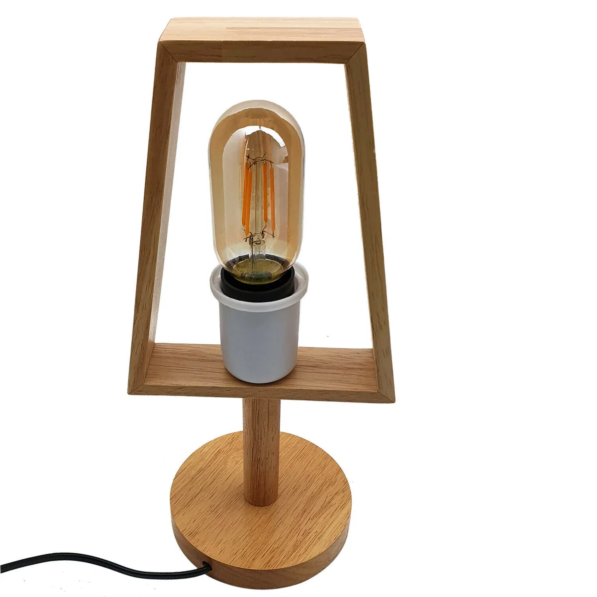 Industrial wooden table lamp with black shade and E27 bulb, modern plug-in lamp with natural wood base on white background