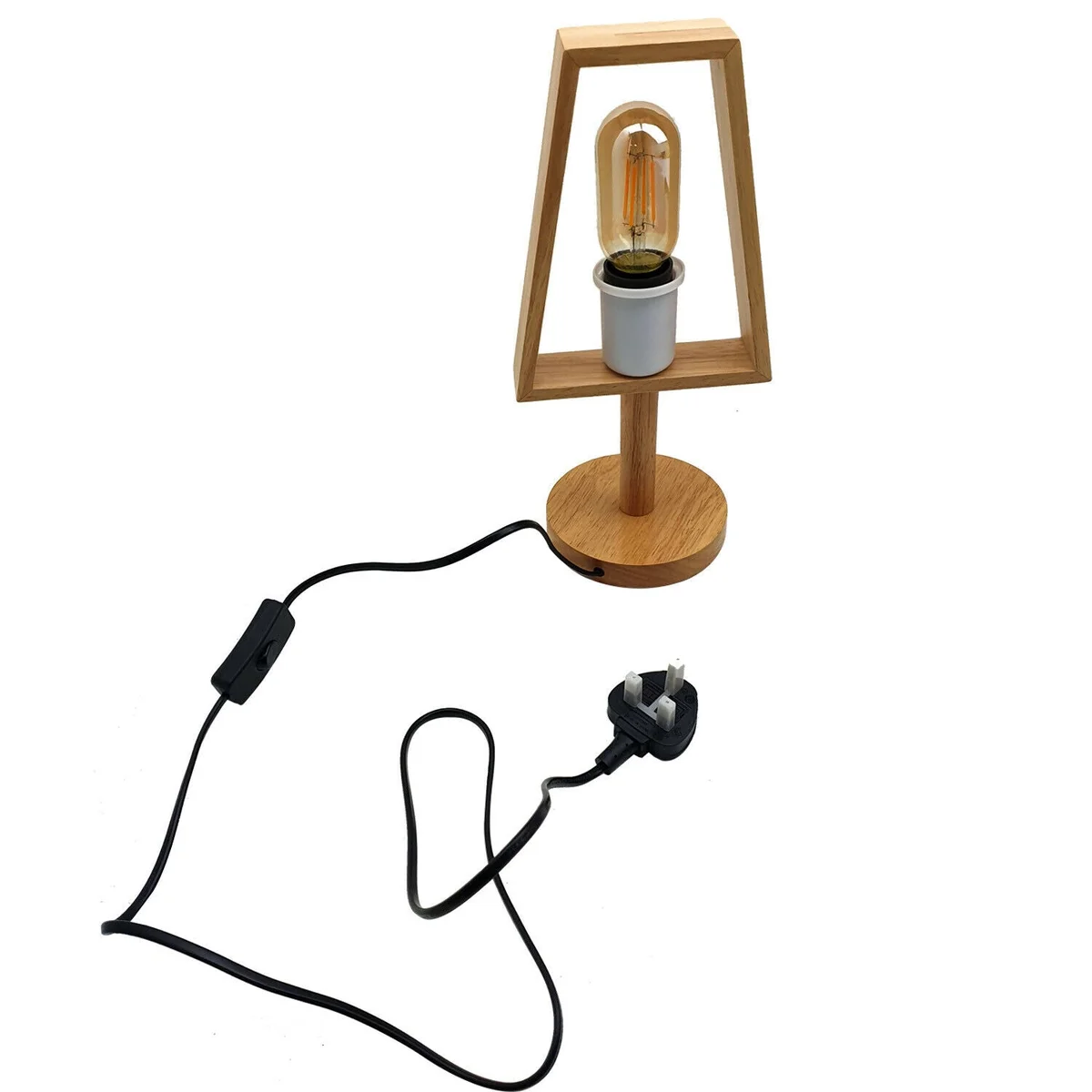 Industrial wooden table lamp with black shade on wooden base providing warm ambient lighting lamp for any room