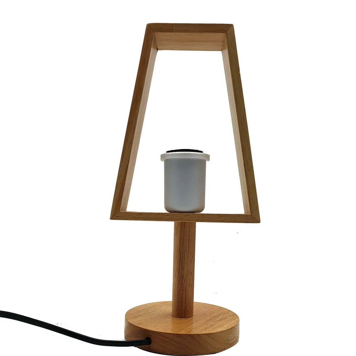 Industrial wooden table lamp with black shade, natural wood base, lit E27 bulb, on wooden surface against white background