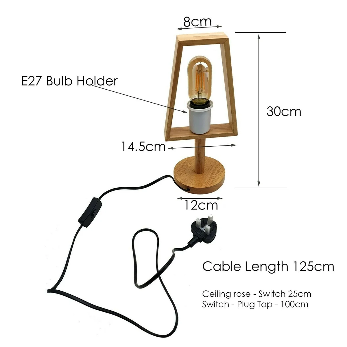 Industrial wooden table lamp with black shade, natural wood base, and E27 bulb on wooden surface against grey wall