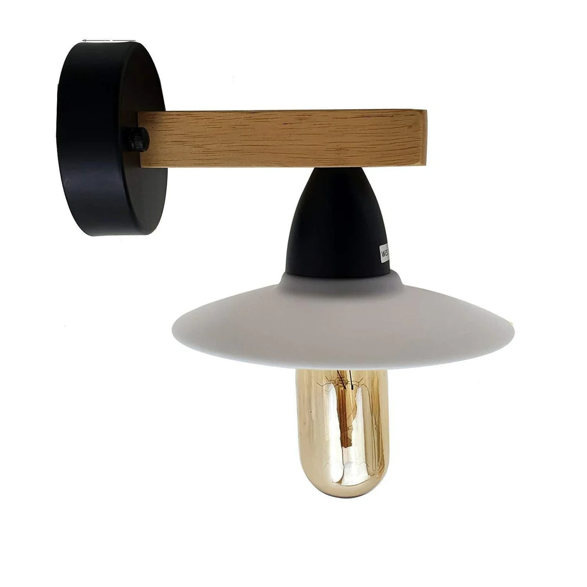 Set of three modern wall lights featuring wood and PVC lamps with exposed filament bulbs and metal fixtures