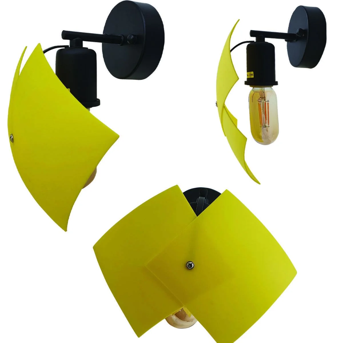 Three modern wall lights with PVC lampshade light and exposed metal hardware mounted on a white wall in a row