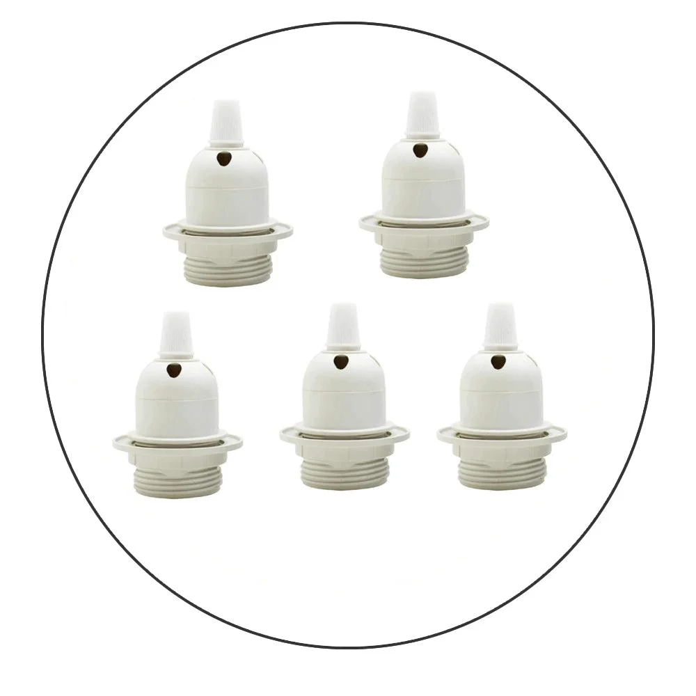 Five white E27 pendant light holders with rings arranged side by side on a white background
