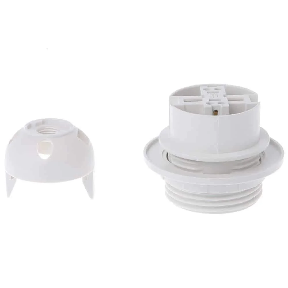 Five white E27 vintage bulb holders with rings arranged in a row, showing metal and heat-resistant plastic materials