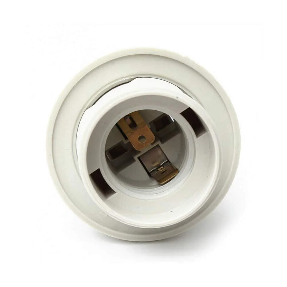 Five white metal lamp holders with E27 Edison screw sockets arranged side by side on a white background