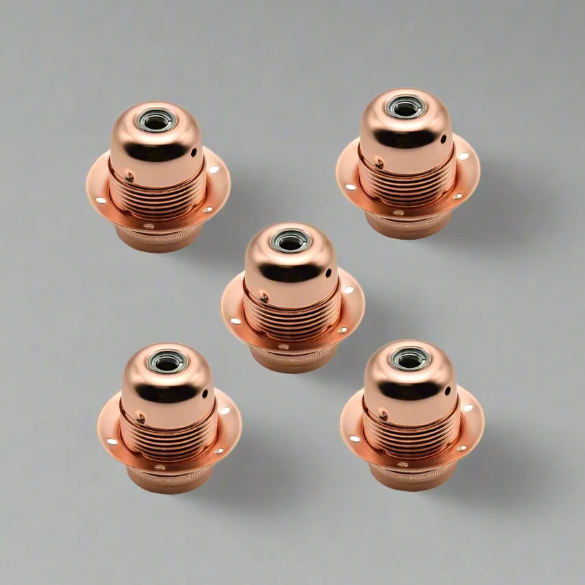 Rose gold lamp holder with E27 socket, metal alloy and ceramic core, vintage Edison bulb base, 56mm height, 38mm diameter