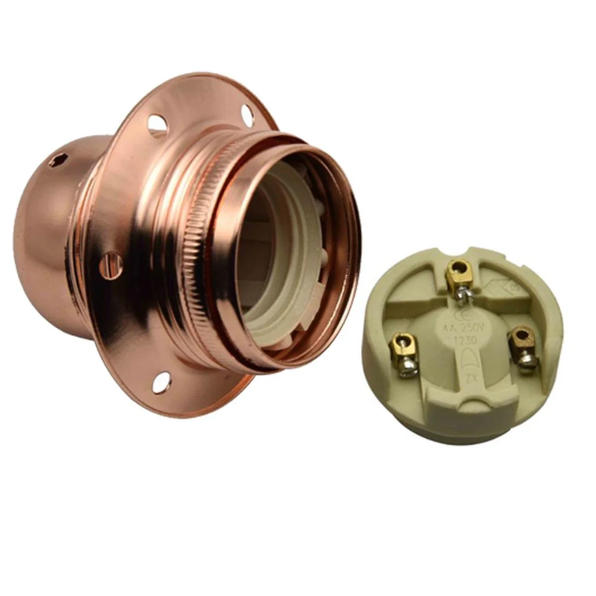 Rose gold energy saving lamp holder with E27 screw base, metal alloy plating, ceramic core, self-locking design, 56mm height
