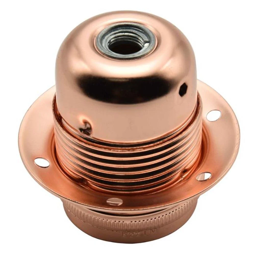 Rose gold self-locking lamp holder E27 with metal alloy plating and ceramic core, shown from side angle against white background