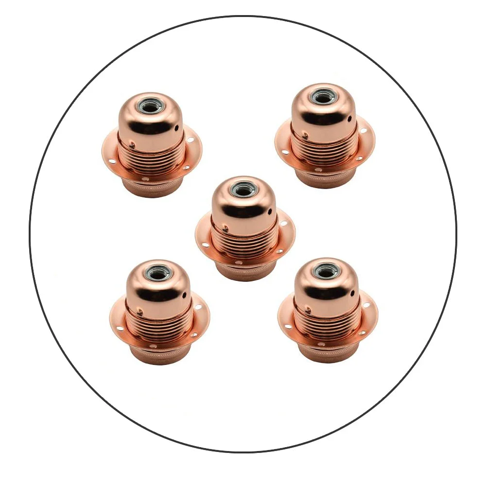 Five rose gold lamp holders with E27 sockets arranged on a white background, showing metal and ceramic details.