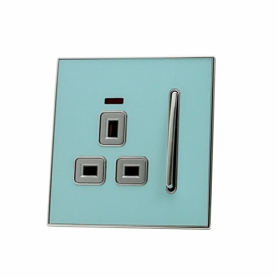 Blue glossy screwless plug socket with satin gold inserts, 1 gang UK 13A electrical wall outlet