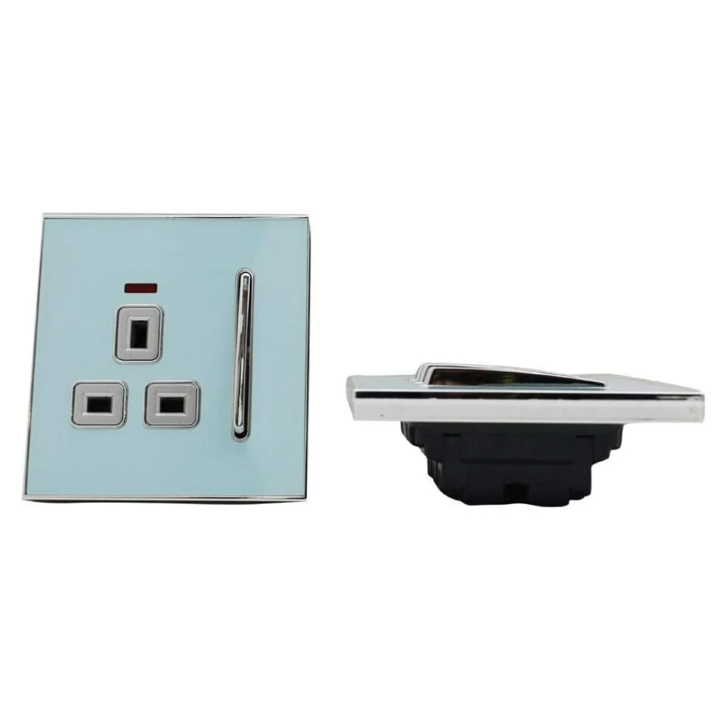 Blue glossy 13A fireproof PC socket with satin gold inserts and screwless fascia, UK standard size and design