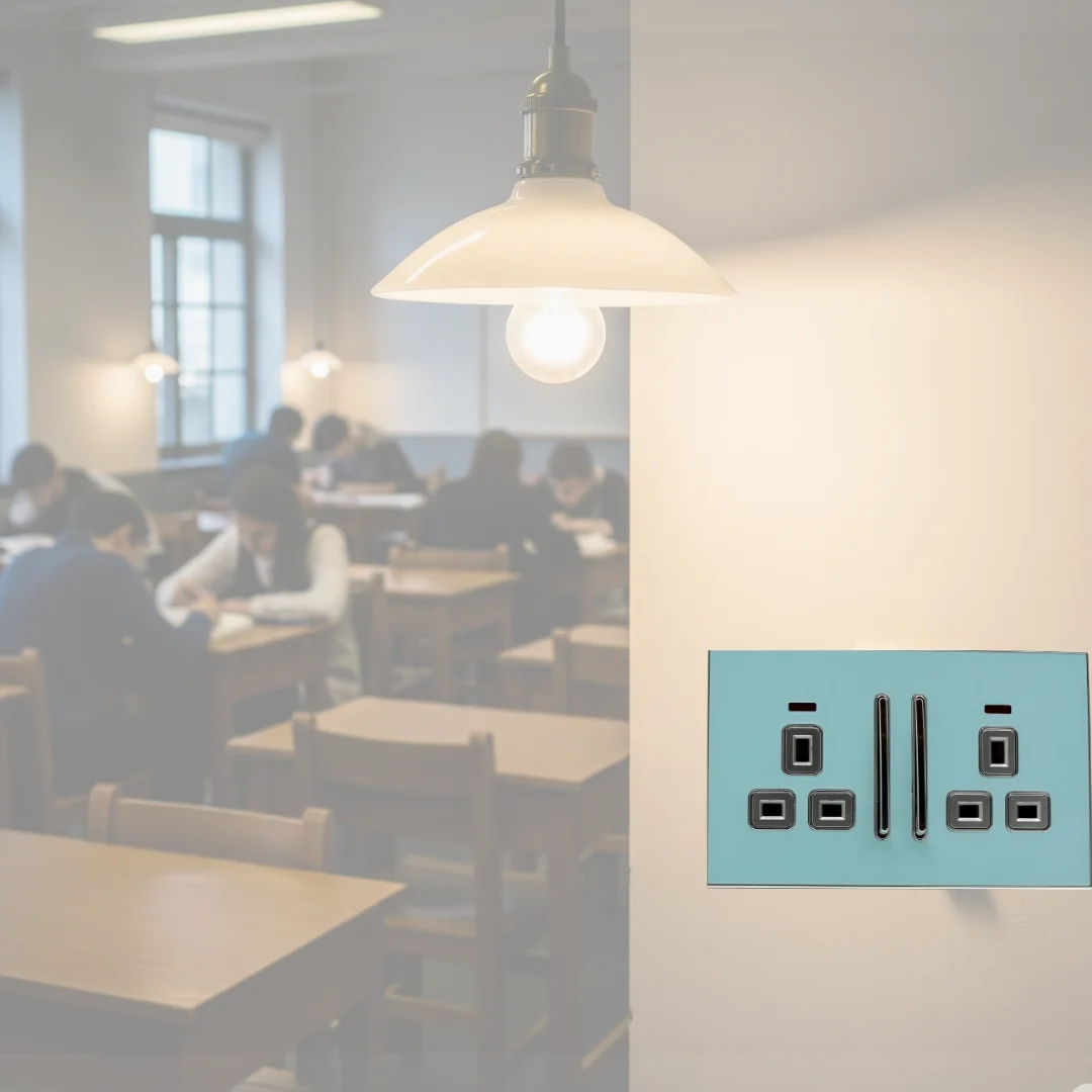Blue 13A plug socket with glossy finish and satin gold insert, screwless design, square shape on white background