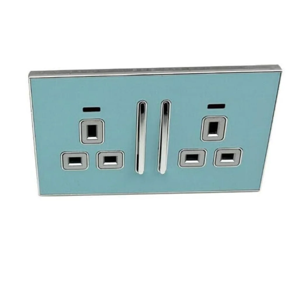 Blue 13A plug socket with glossy finish and satin gold inserts, screwless design, suitable for UK standard back boxes