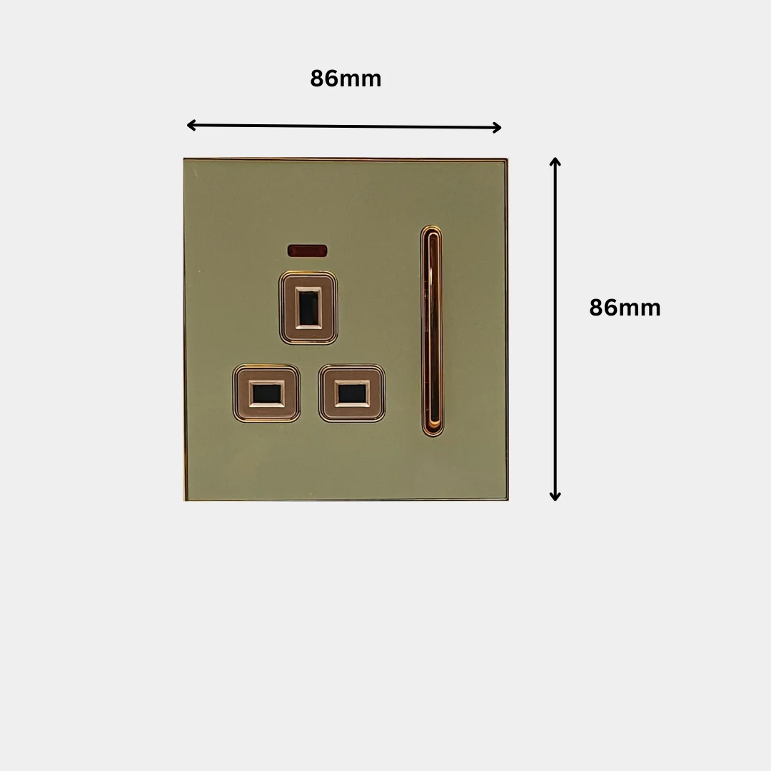 Glossy decorative gold main plug socket with satin gold inserts, one gang, screwless design, UK standard size 86mm x 86mm