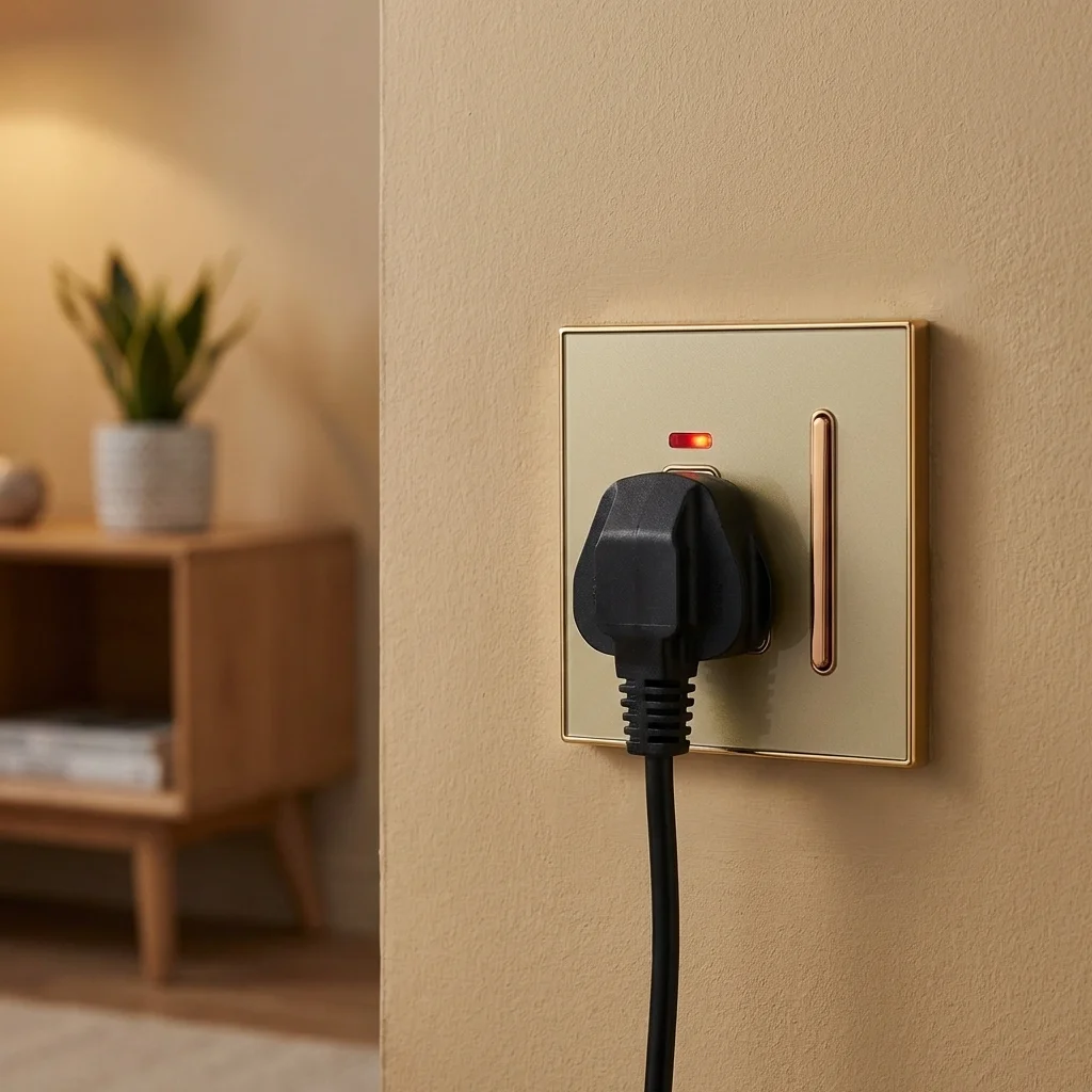 Decorative gold glossy UK standard plug socket with satin gold inserts, one gang, screwless design, 86mm x 86mm frame size