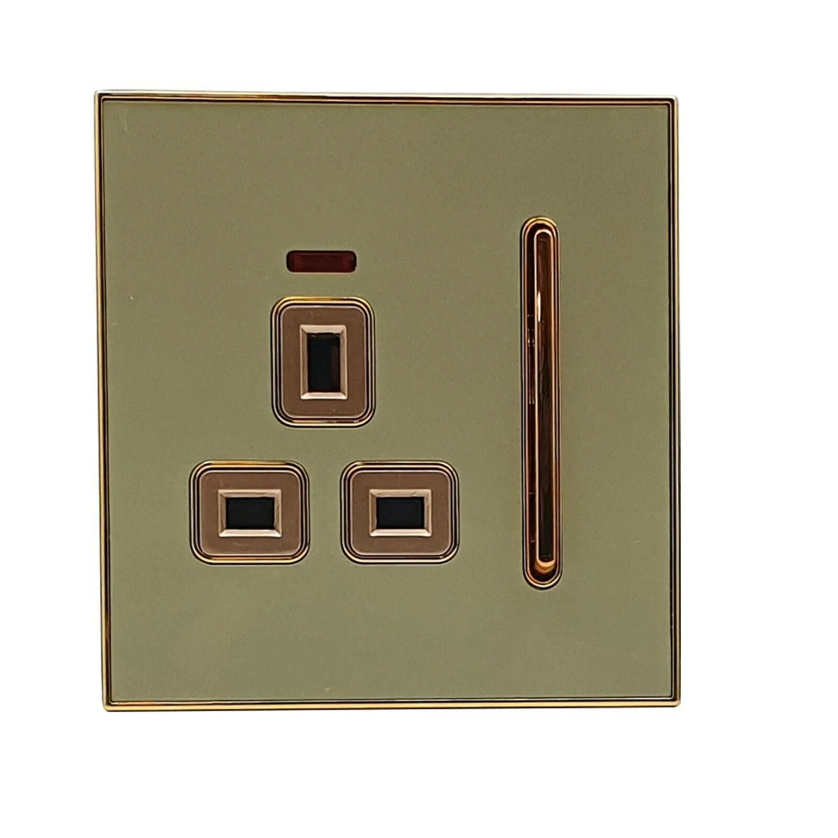 Decorative gold glossy BS5733 approved socket with satin gold inserts, one gang, UK standard size 86mm x 86mm