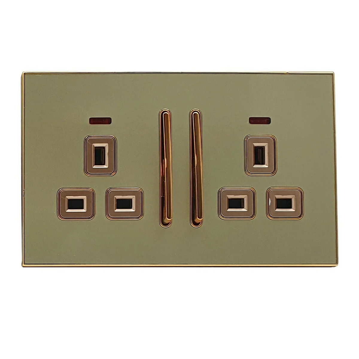 Decorative gold glossy one gang fireproof plug socket with satin gold inserts, UK standard size and screwless design
