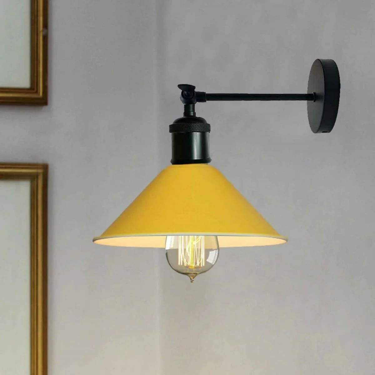 Yellow industrial wall lamp with adjustable metal arm and cone shade, vintage retro style wall sconce light fixture
