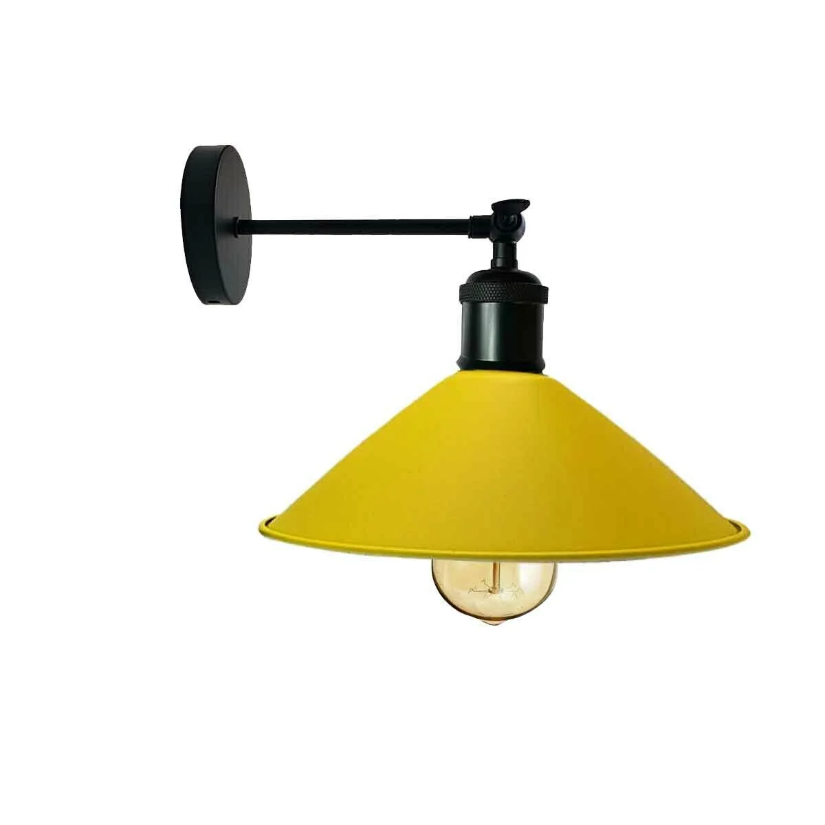 Vintage wall sconce in industrial yellow metal with adjustable cone shade and E27 lamp base mounted on a wall