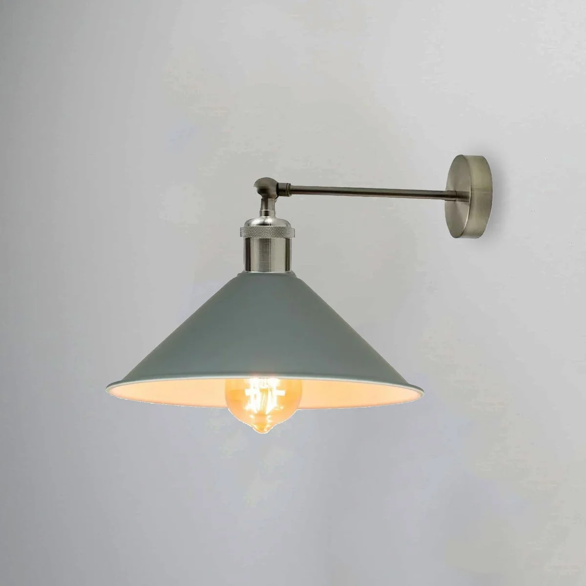 Grey metal industrial wall lamp with matte cone pendant, white hood interior, adjustable, modern loft style.