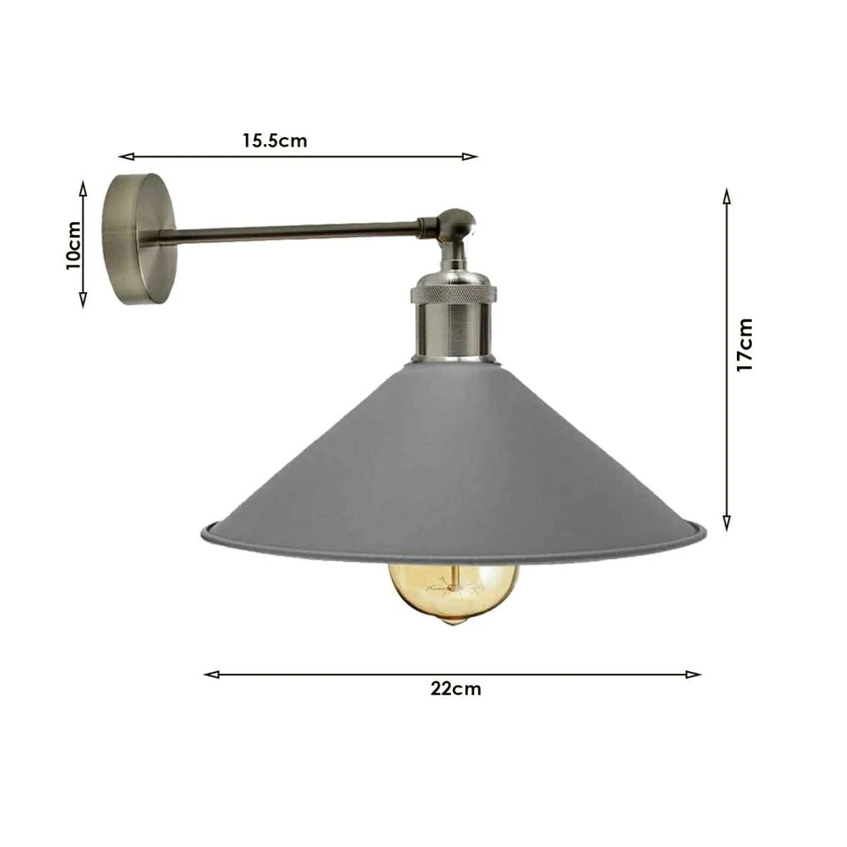 Grey wall sconce with matte metal finish, white interior shade, 22 cm diameter, 18 cm arm, E27 base